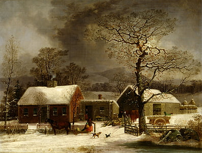 horse in front of house beside woman during snow thumbnail