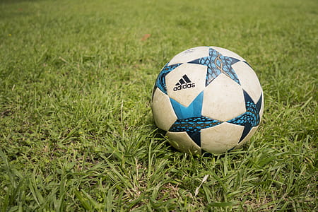 white and blue Adidas soccer ball on grass field thumbnail