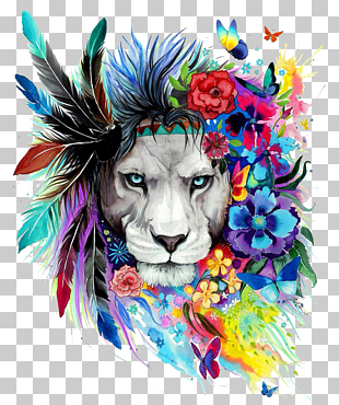 Lion Art Drawing Poster Painting, The Lion King, gray lion with feather and flowers headdress PNG clipart