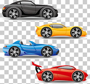 Sports car Truck, Cartoon transportation vehicle design material,, black, yellow, blue, and red coupes illustration PNG clipart