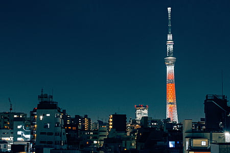 city skyline with orange and white tower at night thumbnail