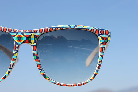 red, blue, and yellow framed Wayfarer-style sunglasses thumbnail