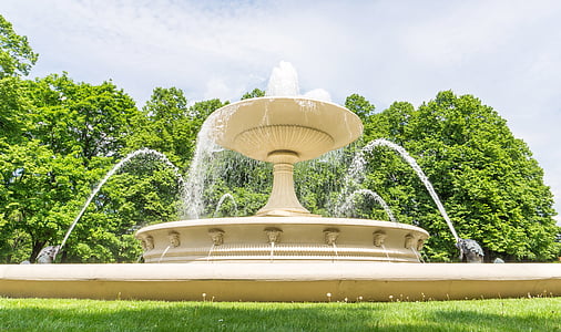 outdoor water fountain near trees under gray sky thumbnail