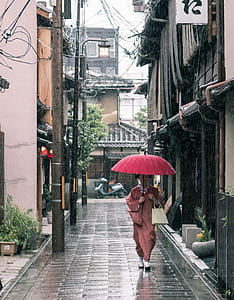 Woman in Brown Robe Holding Umbrella Walking on Concrete Pathway thumbnail