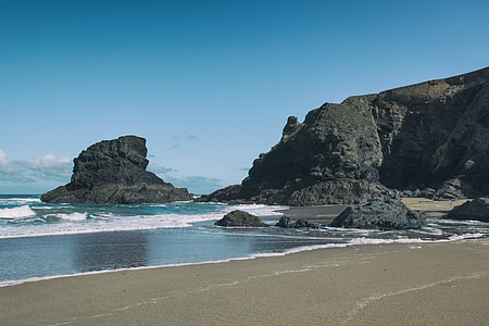 Rugged rocks sit on the coast of Cornwall in England, image captured with a Canon 5D DSLR thumbnail