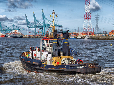 Tugboat and Cargo port at Antwerp, Belgium thumbnail