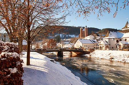 snow covered houses near river thumbnail